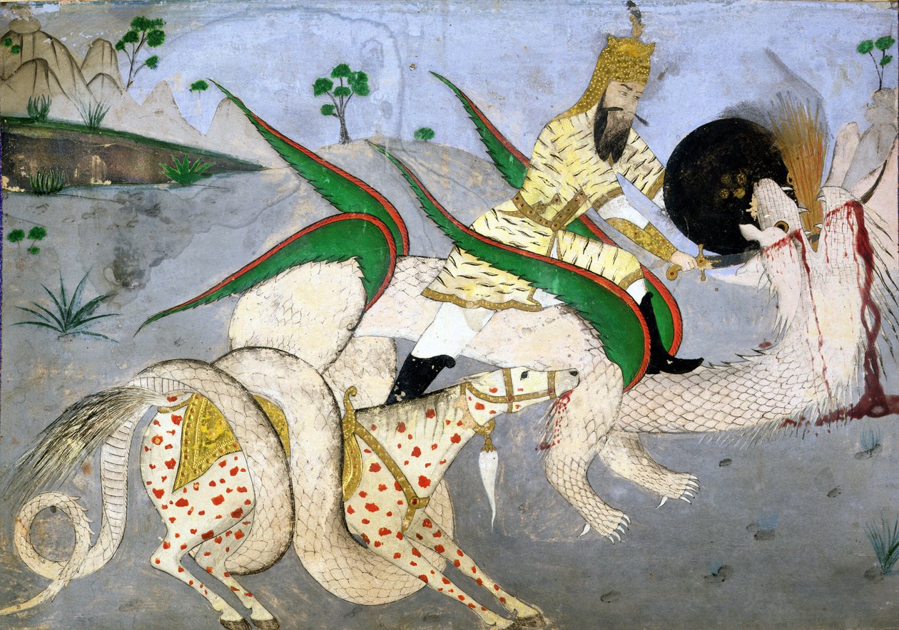 Un guerrier monté attaquant un dragon, illustration d