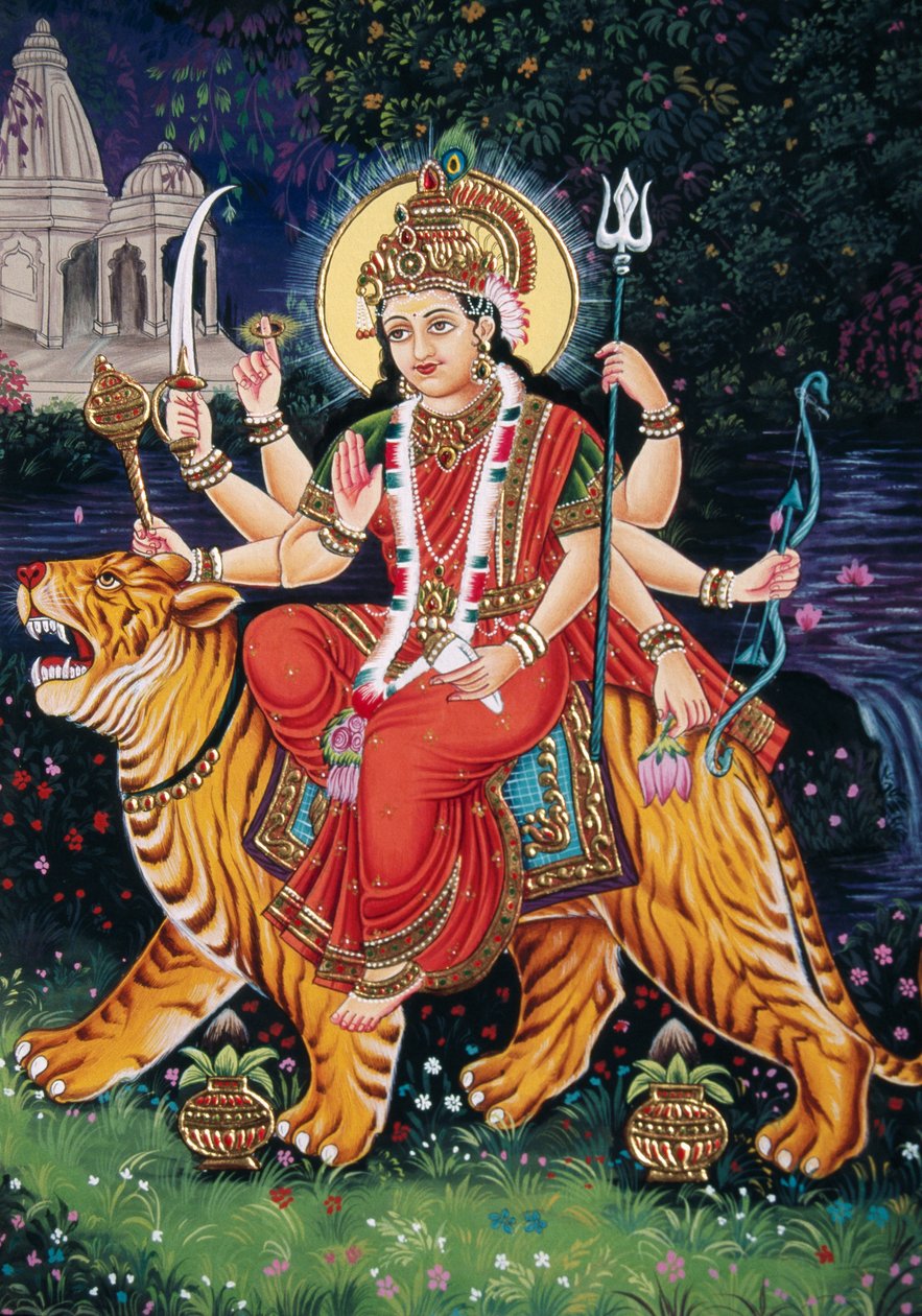 Miniature de la déesse Durga sur papier avec broderie - School Indian