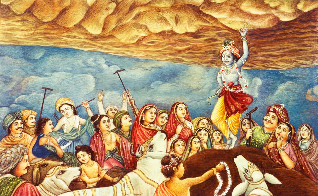 Seigneur Krishna levant la montagne Peinture miniature - School Indian