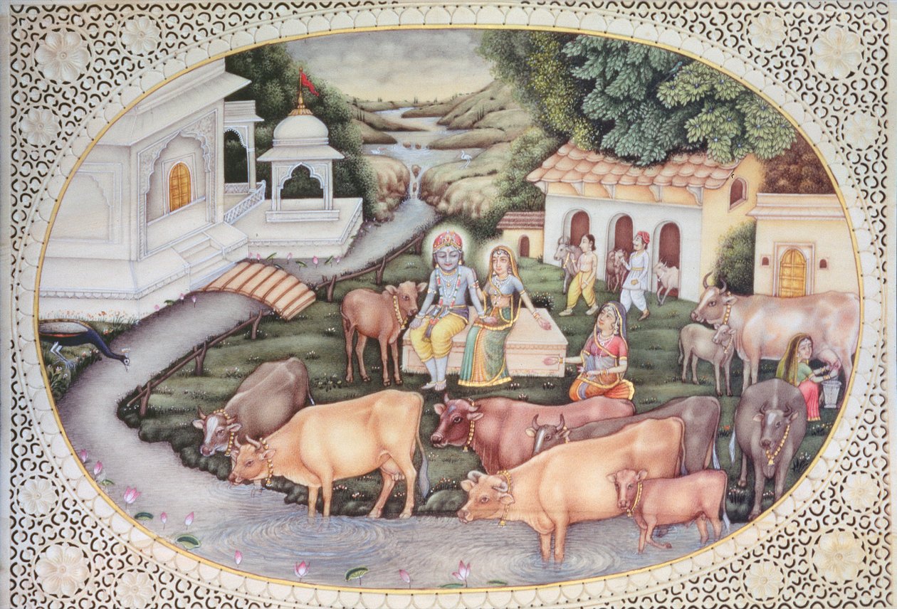 Miniature de Krishna et une laitière assis dans un champ avec du bétail - School Indian