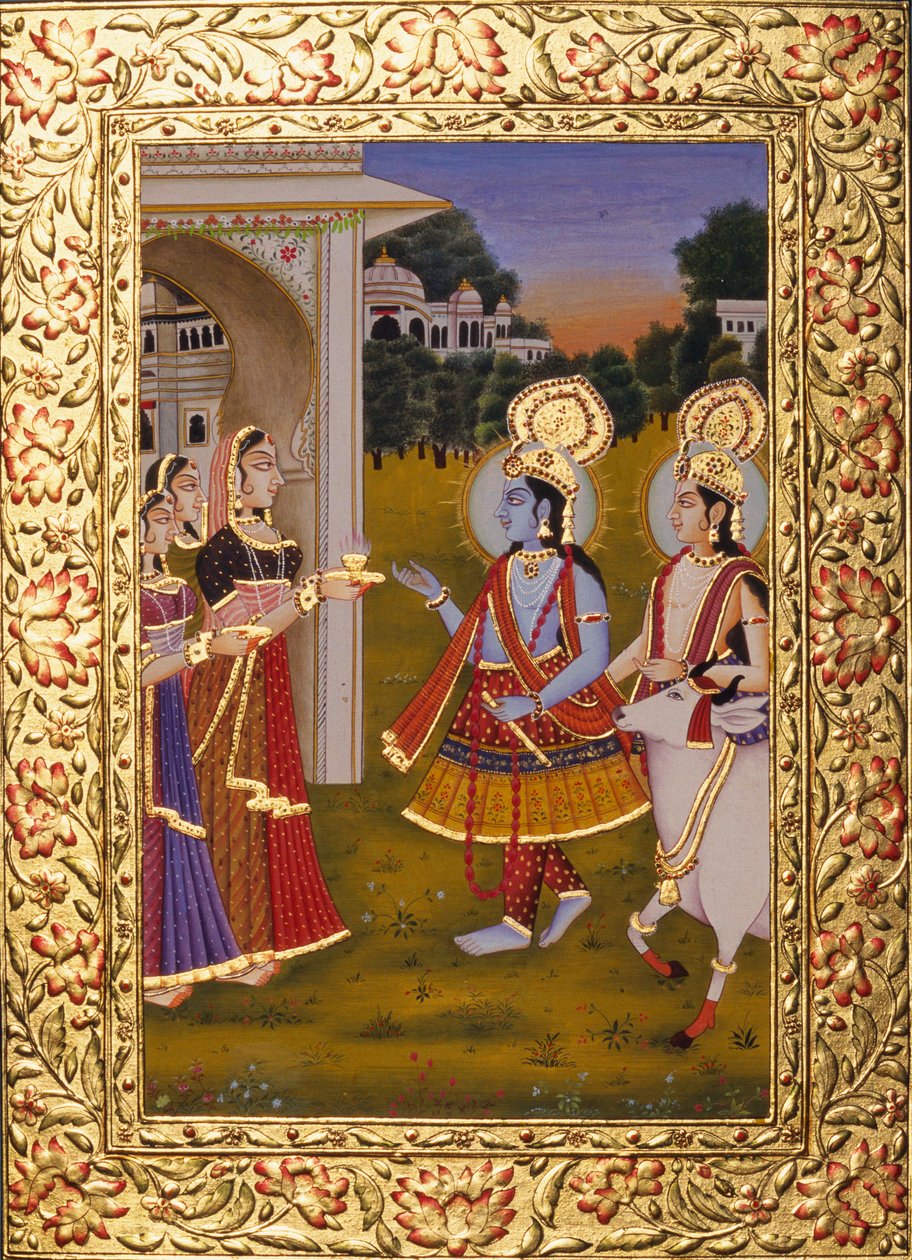 Miniature de Radha Krishna sur papier avec dorure en relief - School Indian