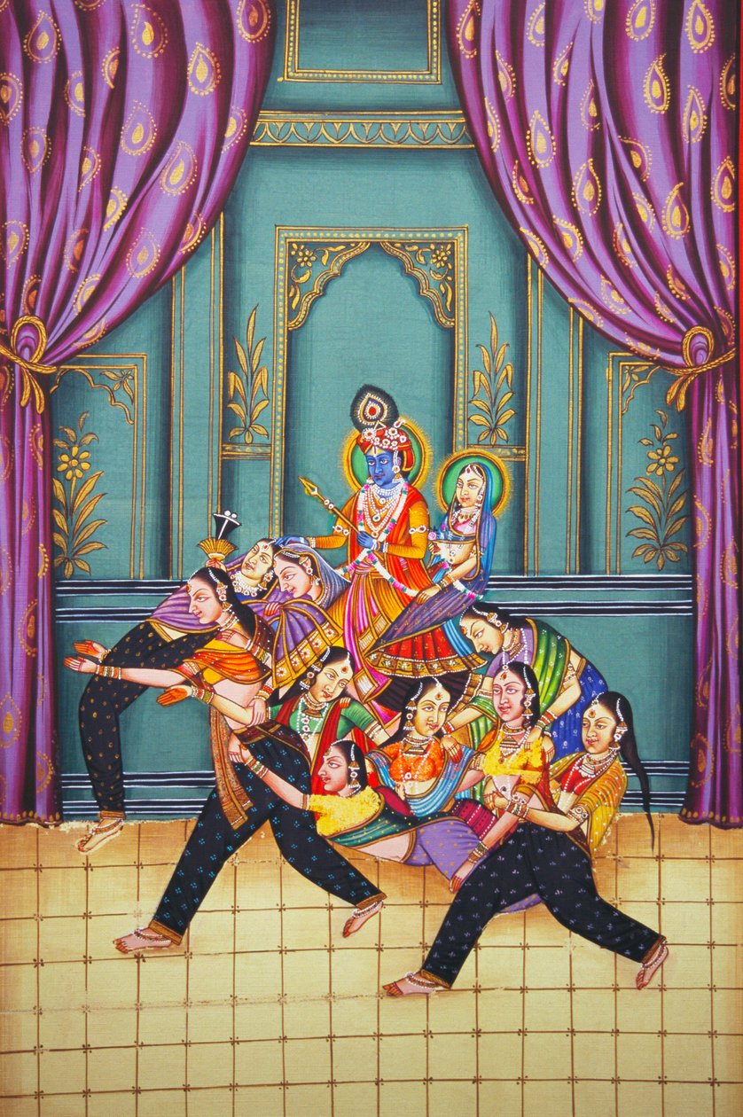 Radha Krishna avec Sakhis, miniature sur papier - School Indian