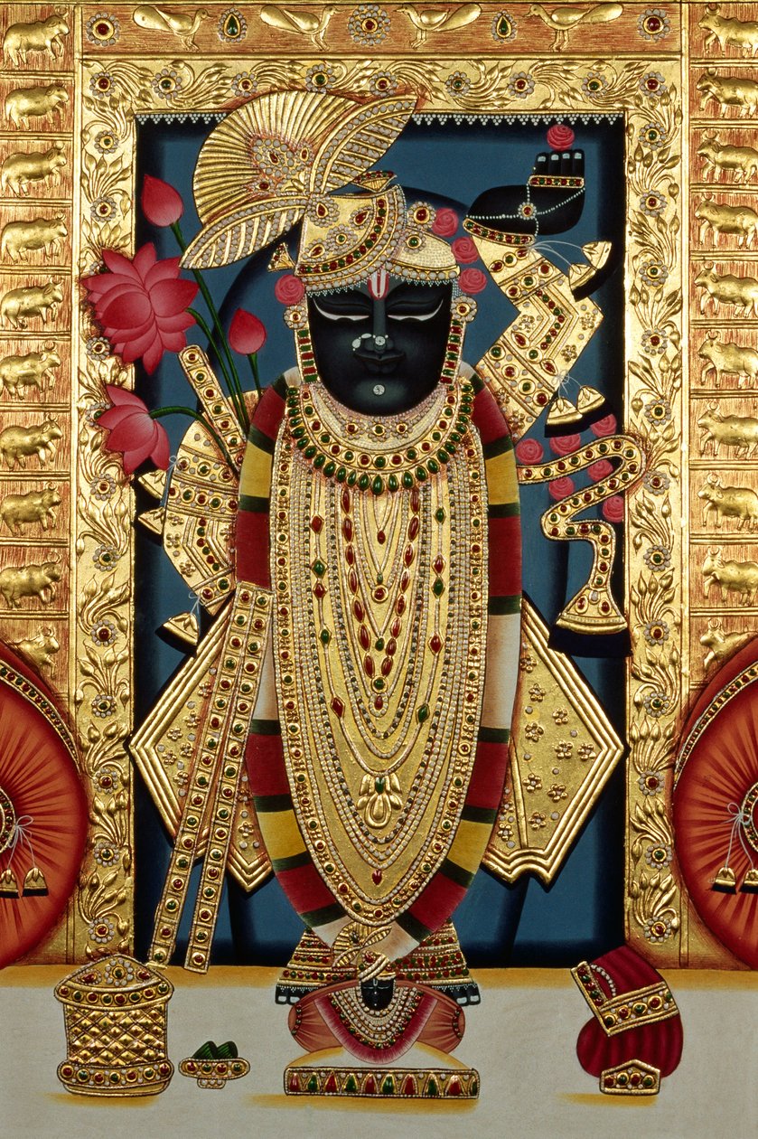 Shri Lord Shree Nathji ou Shreenathji à Nathdwara Peinture miniature sur papier avec embossage doré - School Indian
