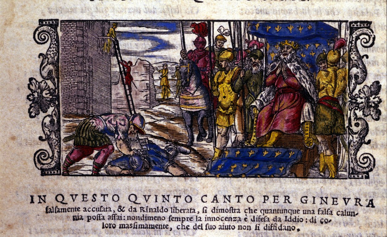 La princesse Ginevra est innocente et le combat entre la calomnie et le chevalier inconnu venu défendre Ginevra est interrompu. scène du poème chevaleresque « Orlando Furioso » (Le Roland Furieux) de Ludovico Ariosto (1474 - 1533) appelé L