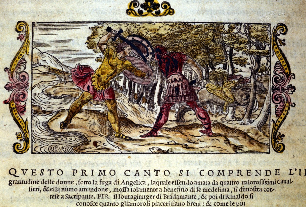 Représentation du combat entre Ferragus, le sarrasin et Renaud (Rinaldo), tous deux amoureux de la belle Angélique (Angelica). Scène tirée du poème chevaleresque « Orlando Furioso » (Le Roland furieux) de Ludovico Ariosto (1474-1533) appelé L