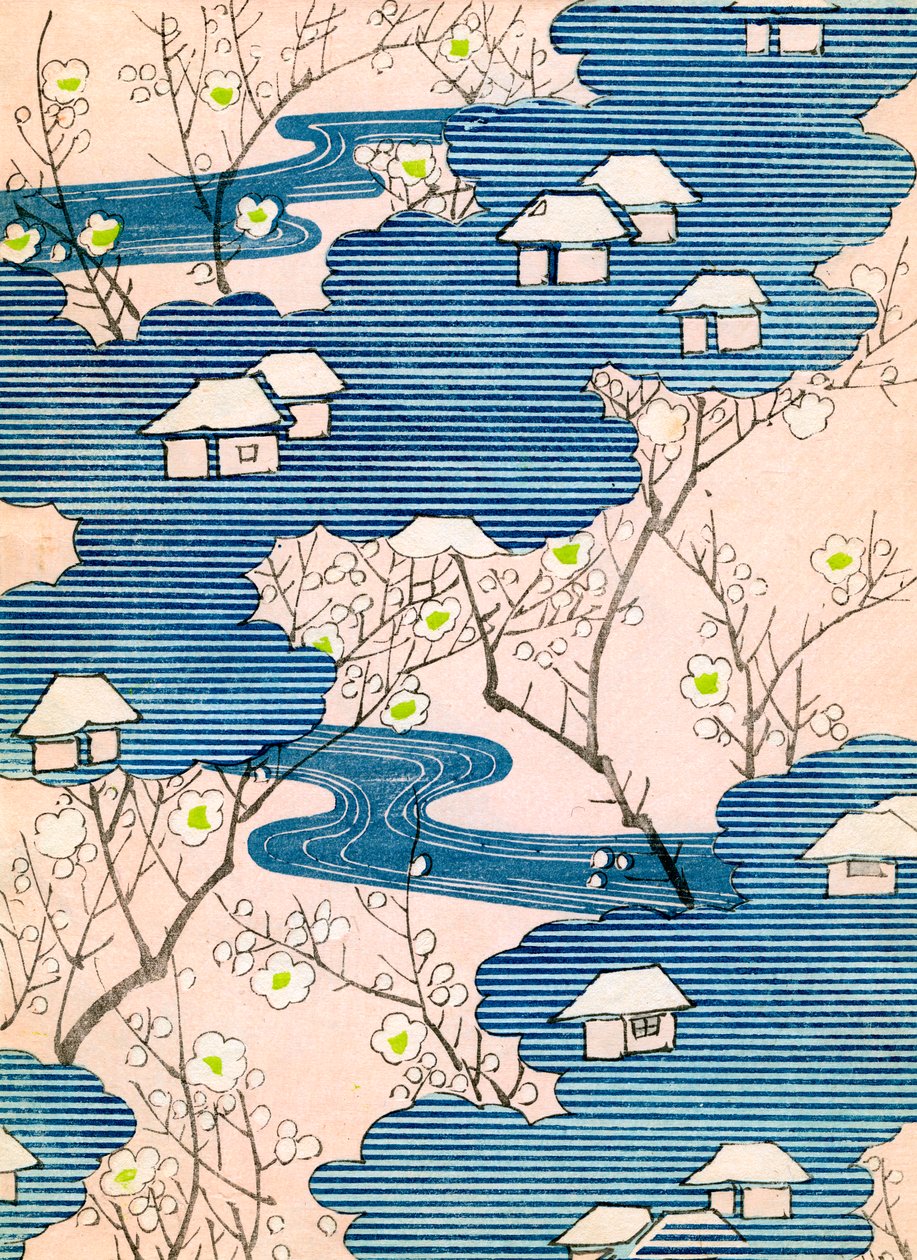 Motif pour un kimono : Cottages avec rivières et fleurs de cerisier - School Japanese