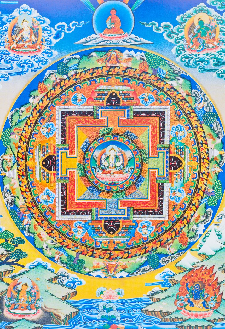 Mandala de Chenresi; la figure centrale représente le Bouddha de la compassion, la manifestation céleste du Bouddha Amitava, toujours proche des êtres souffrants - School Nepalese