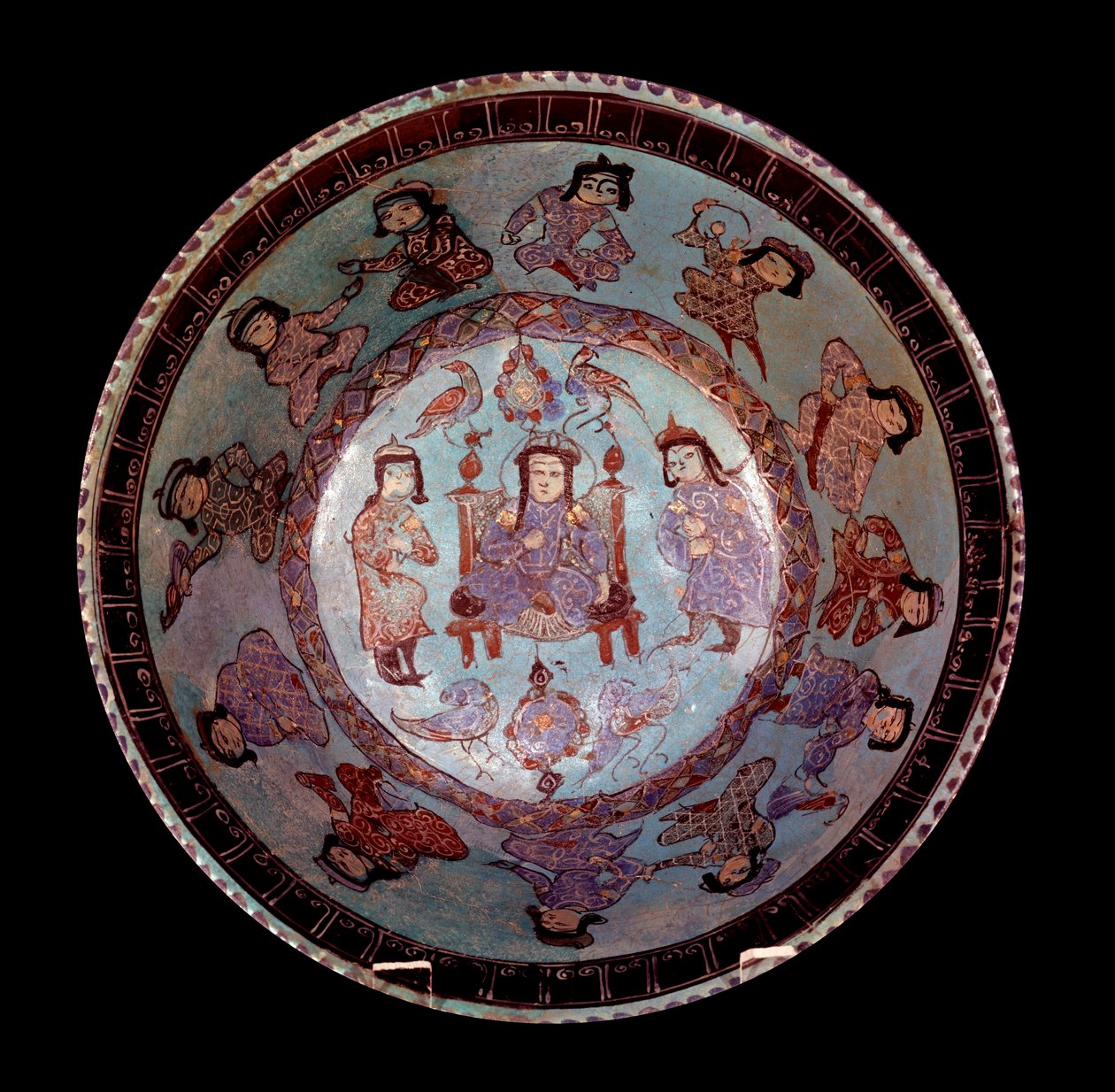 Art persan : bol conique polychrome sur fond bleu représentant un prince assis sur son trône entre deux pages - School Persian