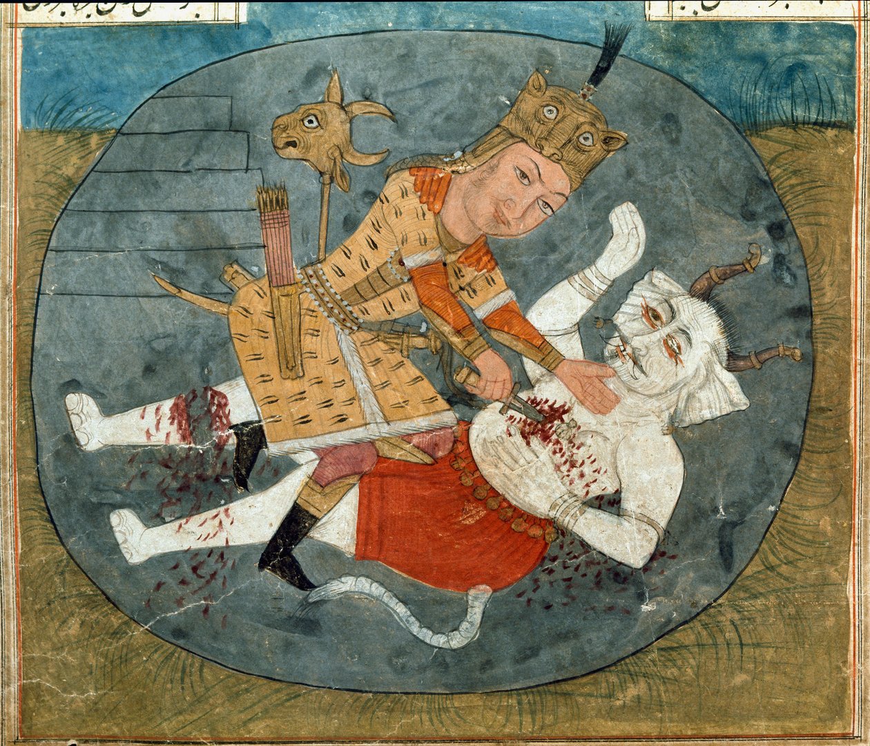 Rostam, fils de Zal, tuant le démon blanc de Mazandaran, miniature d