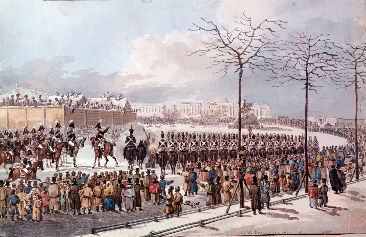 Révolte des Décembristes en 1825 pour obtenir une nouvelle constitution. Gravure de 1830. Saint-Pétersbourg. Bibliothèque de l