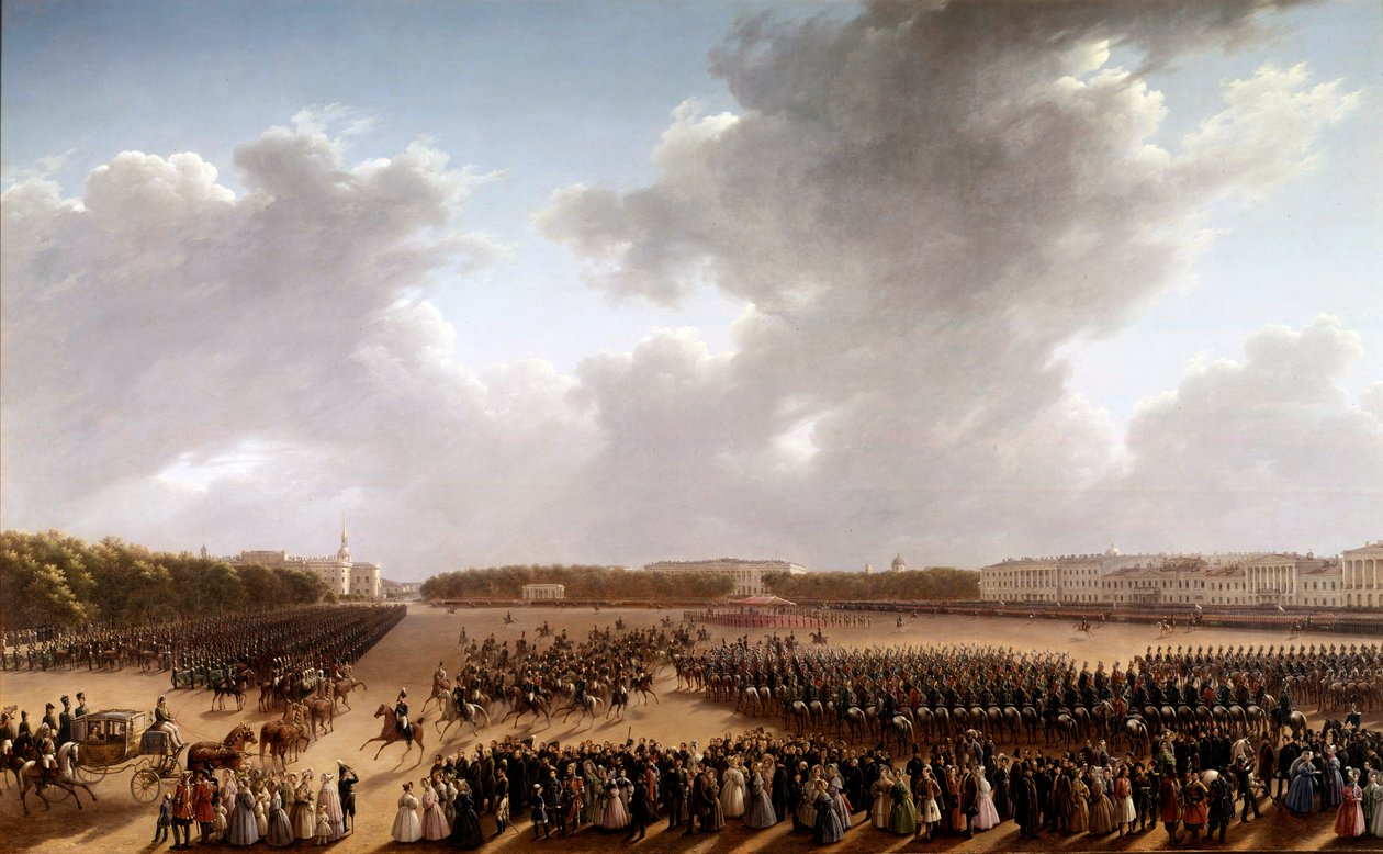 Parade sur le Champ de Mars, au premier plan Alexandre Pouchkine et Nicolas Ier à cheval allant vers l