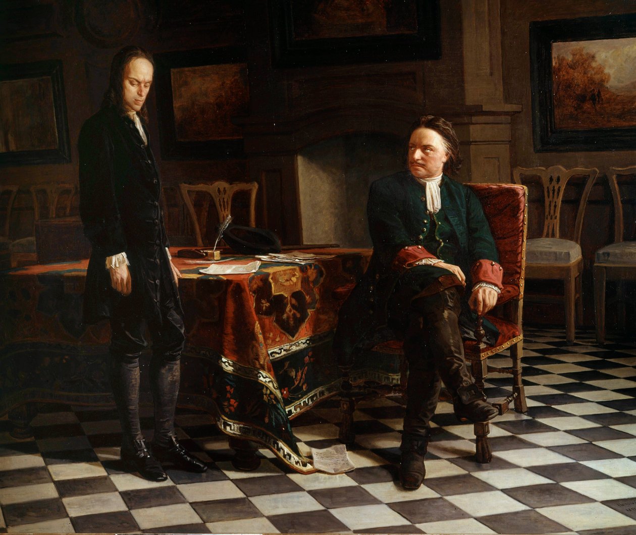 Portrait de Pierre Ier le Grand (1672-1725), tsar russe et son fils Alexis (1690-1718) - School Russian