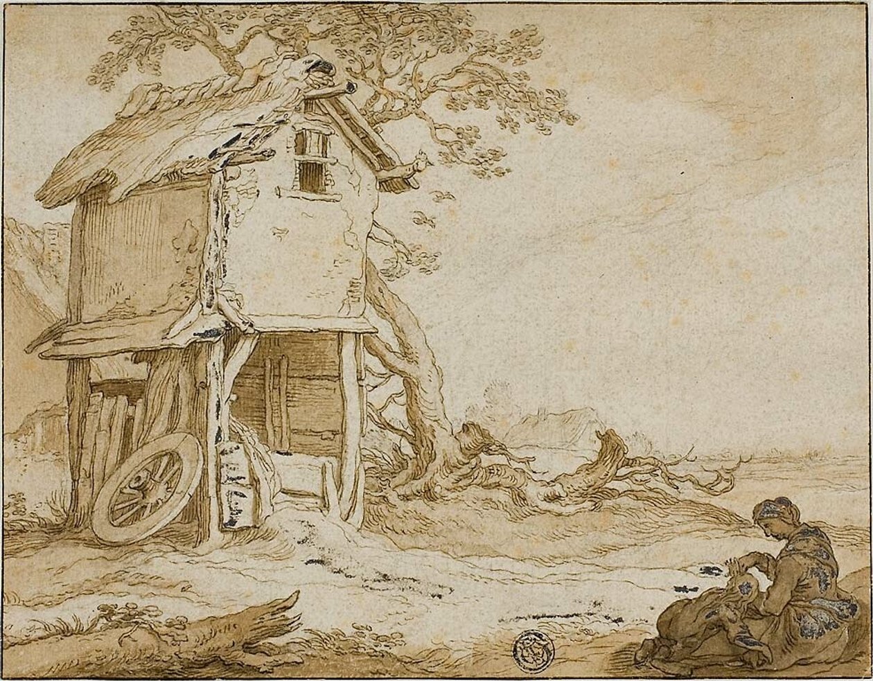Paysage avec Barnstable, femme assise et enfant - School of Abraham Bloemaert