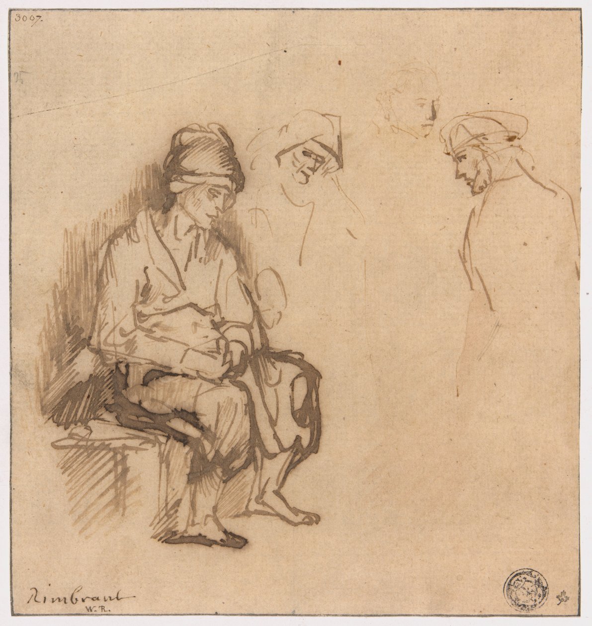 Femme assise sur un banc et trois esquisses de têtes - School of Rembrandt van Rijn