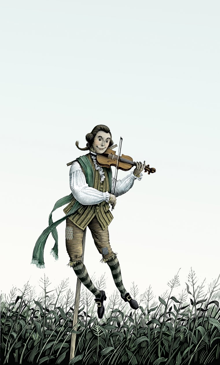 Épouvantail à violon baroque, 2006 (scratchboard, colorisé numériquement) - Scott McKowen