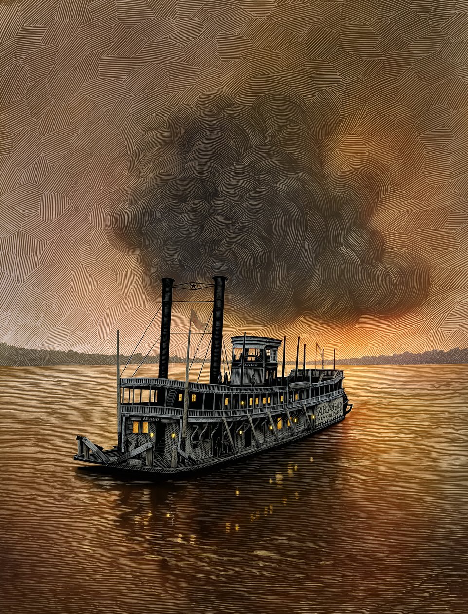 Mississippi Steamboat, 2015 (scratchboard, colorisé numériquement) - Scott McKowen