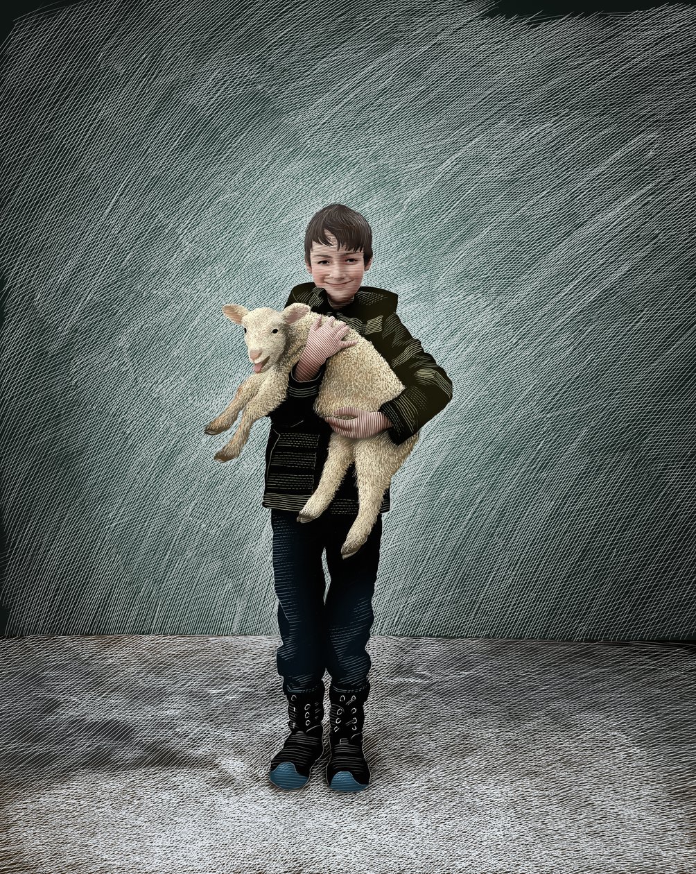 Berger avec un agneau, 2017 (planche à gratter, colorisée numériquement) - Scott McKowen