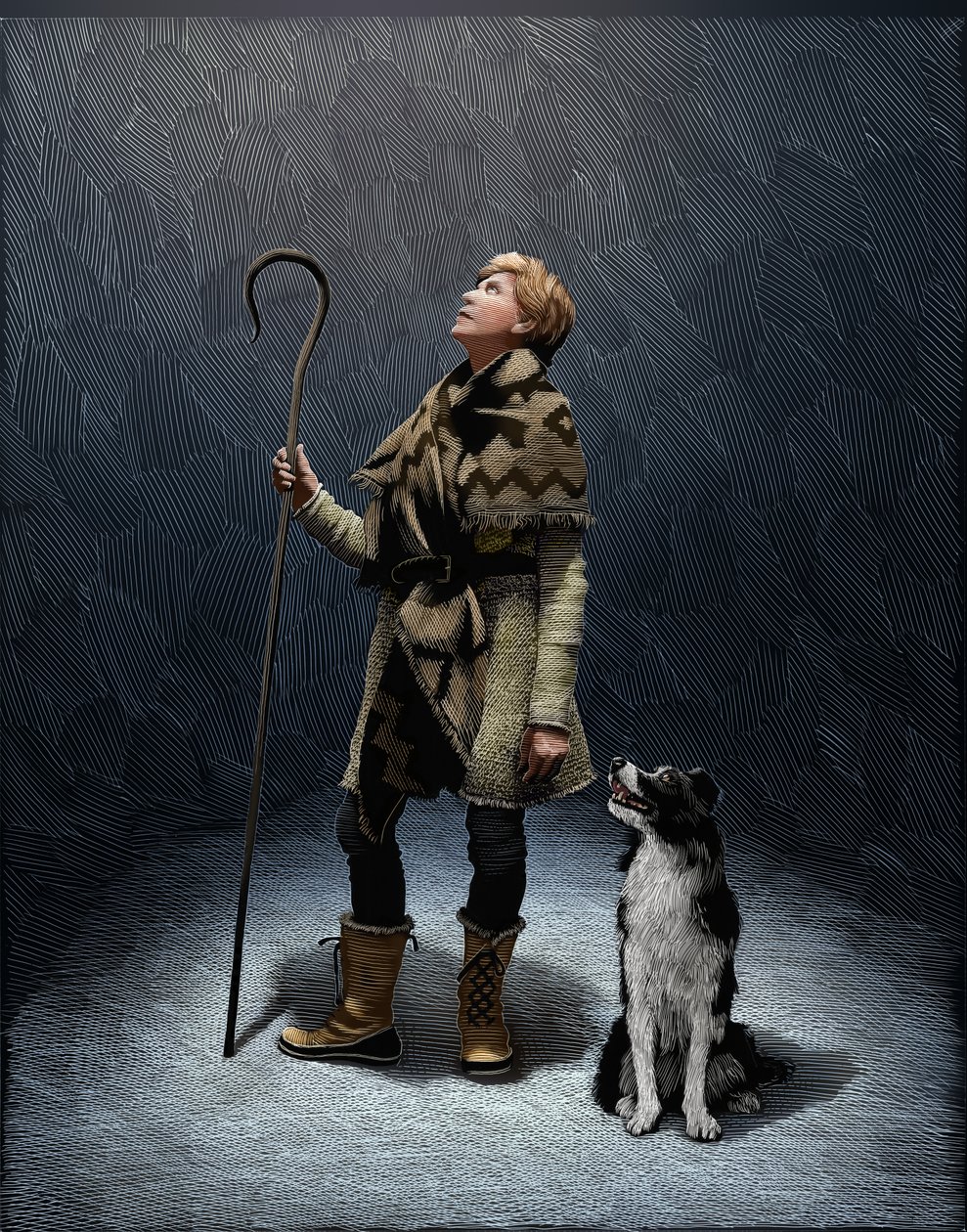 Berger avec un border collie 2018 (scratchboard, colorisé numériquement) - Scott McKowen