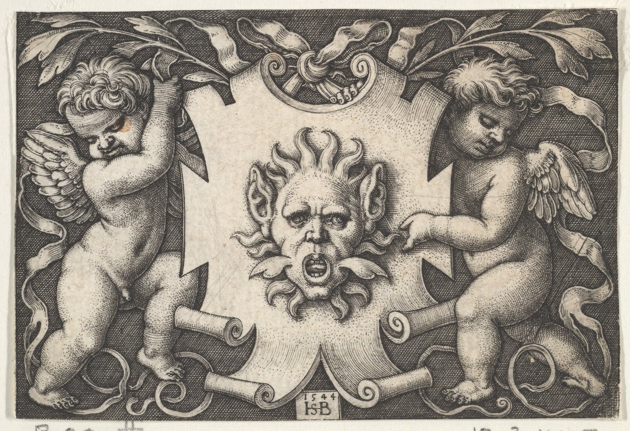 Un masque sur un écu soutenu par deux génies, 1544 - Sebald Beham