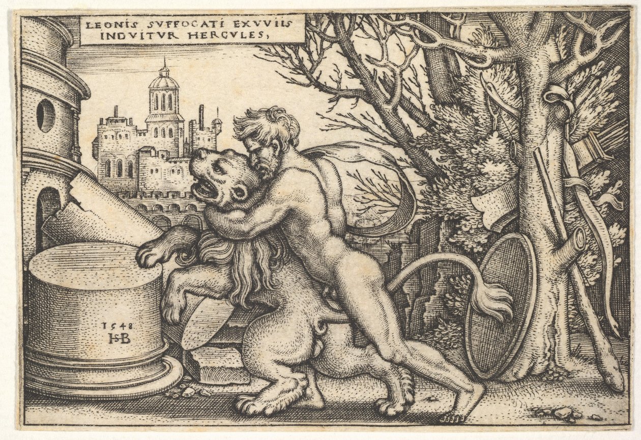 Hercule, de profil, tuant le lion de Némée avec son bras autour de son cou, des 