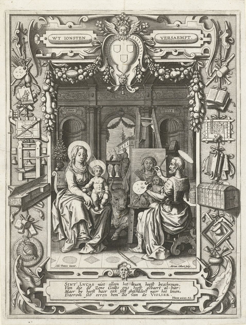Blason de la guilde de Saint-Luc avec Saint-Luc peignant la Vierge à l