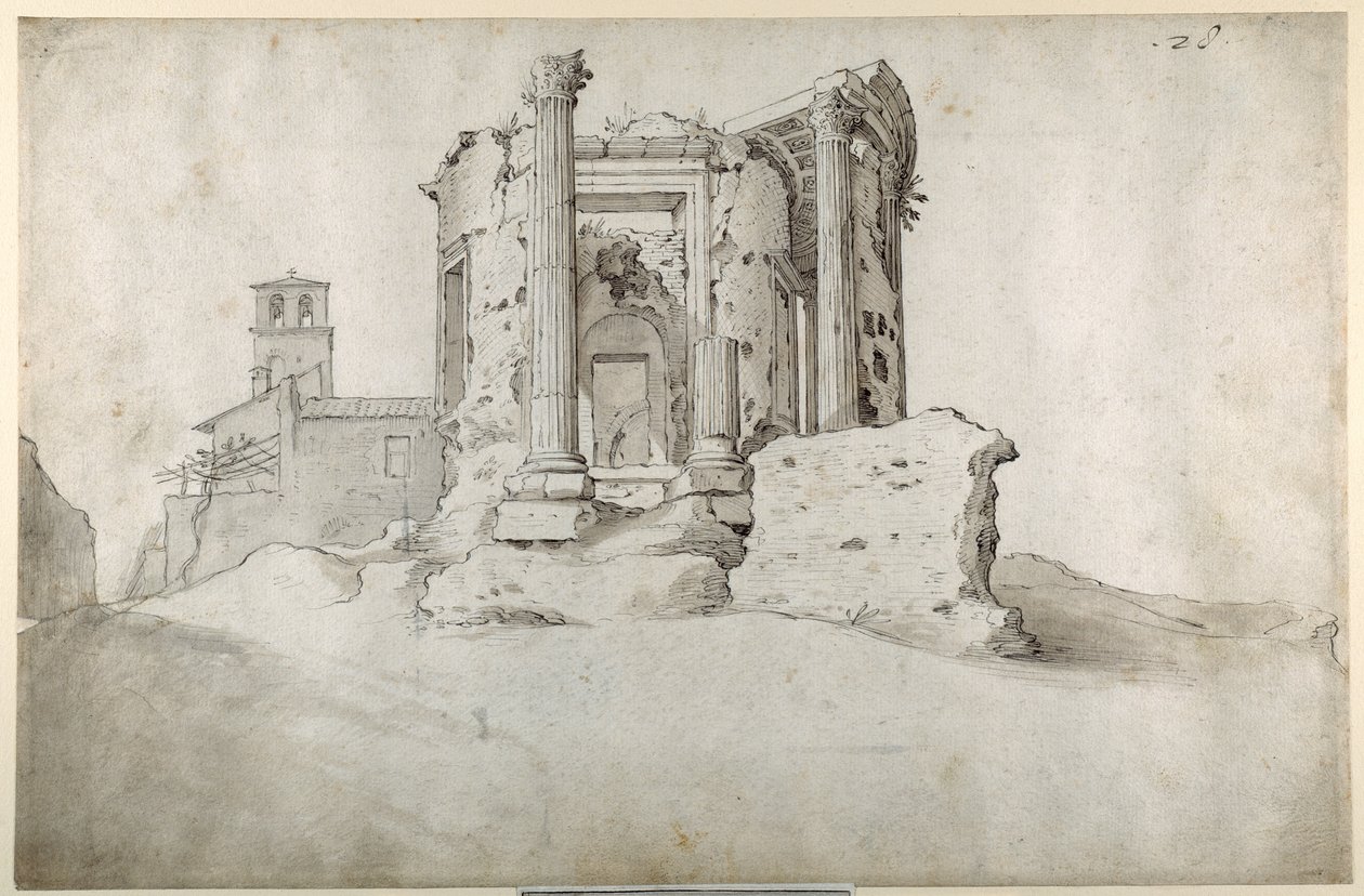 Ruines du temple de la Sibylle Tiburtine à Tivoli (encre brune et lavis gris brun sur papier blanc) - Sebastian Vrancx