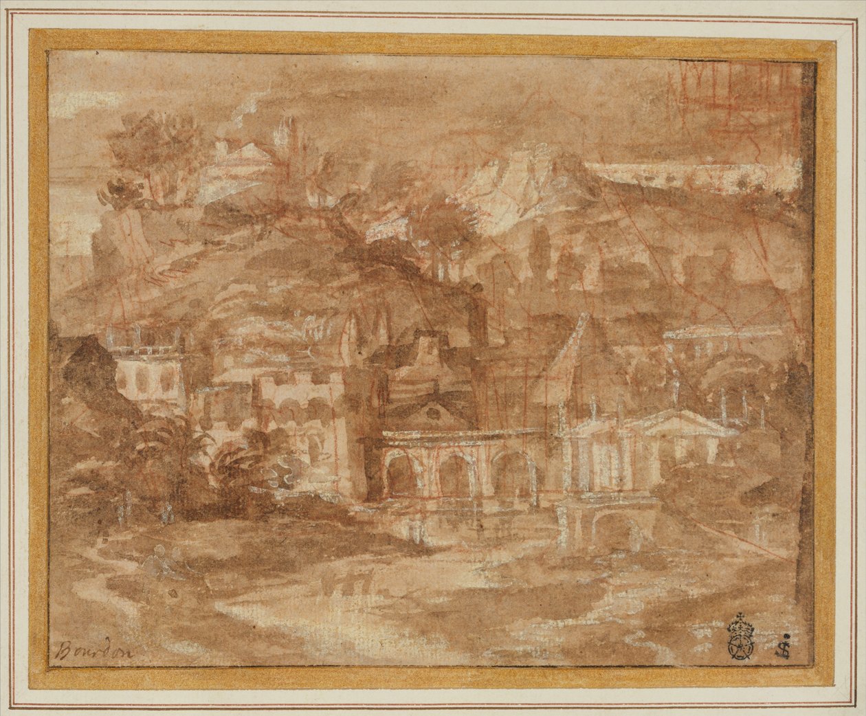 Paysage classique avec des bâtiments au bord d