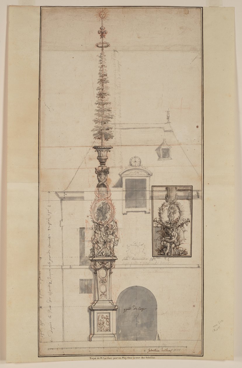 Projet de Mai des Gobelins permanent (recto) (craie noire, craie rouge, plume et encre noire et brune, lavis gris, sur deux feuilles jointes) - Sebastien I Le Clerc
