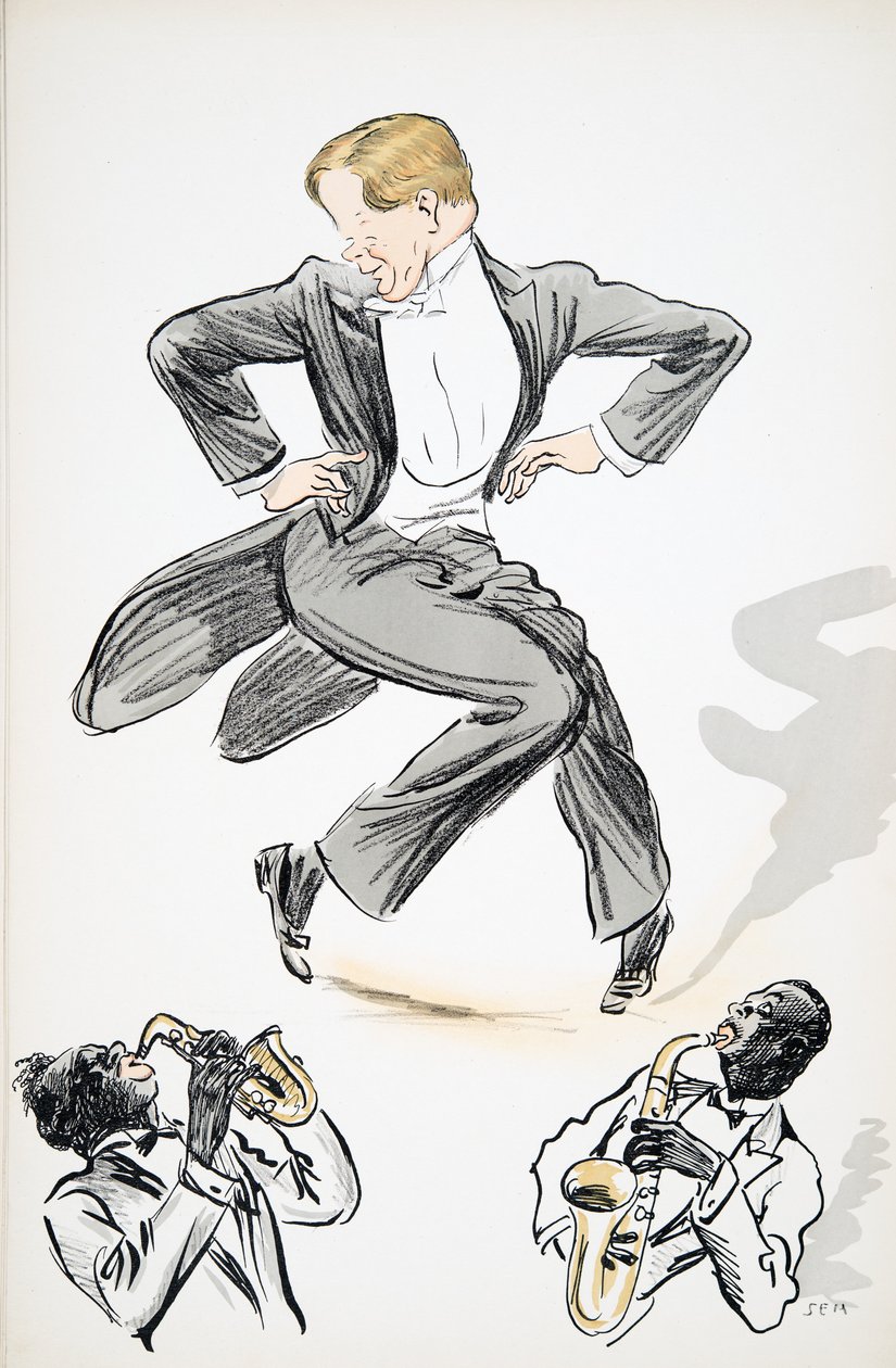 Gentleman en queue-de-pie et cravate blanche dansant au son de deux musiciens jouant du saxophone, de White Bottoms, pub. 1927 - Sem