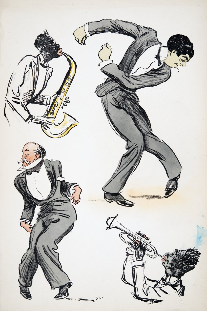 Deux hommes en costume dansant tandis que deux musiciens jouent du saxophone et de la trompette, de White Bottoms, pub. 1927 - Sem