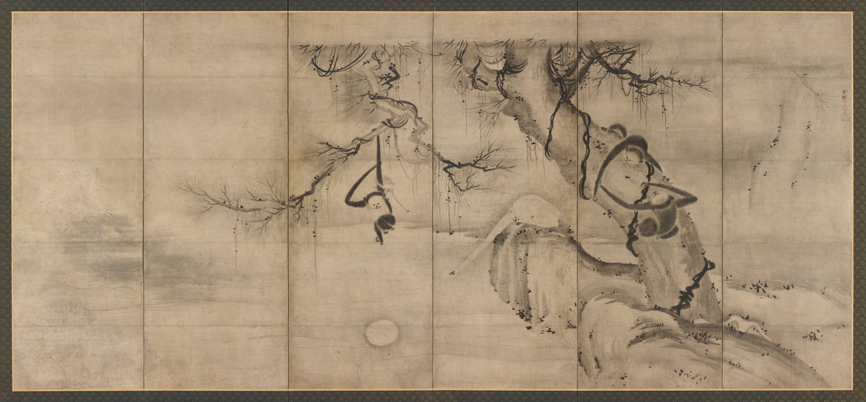 Singes et arbres sur une rive de rivière, période Momoyama - Sesson Shukei