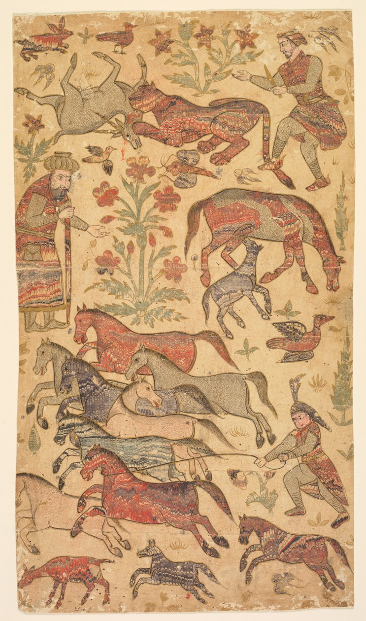 Image marbrée de Rustam attrapant Rakhsh, vers 1650 - Shafi