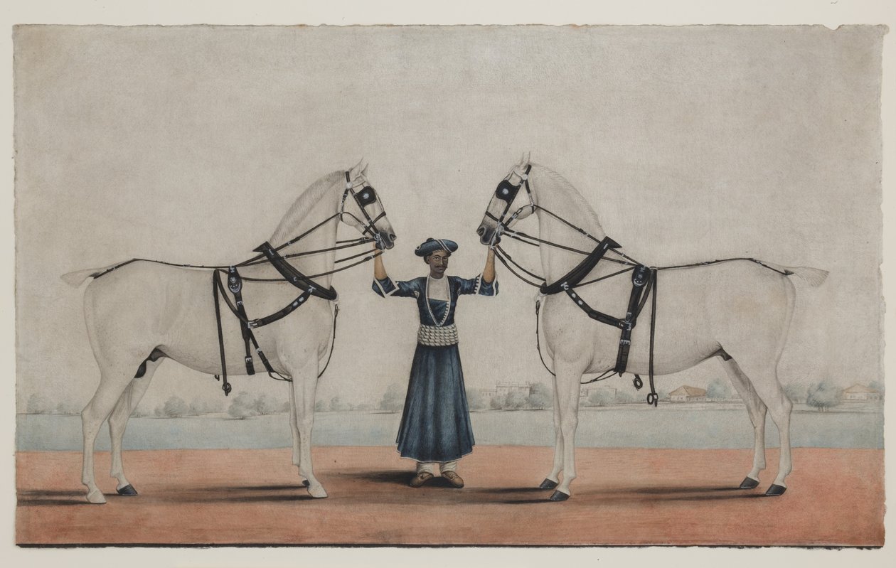 Un syce (palefrenier) tenant deux chevaux de carrosse, vers 1845 - Shaik Muhammad Amir of Karraya (attr. to)