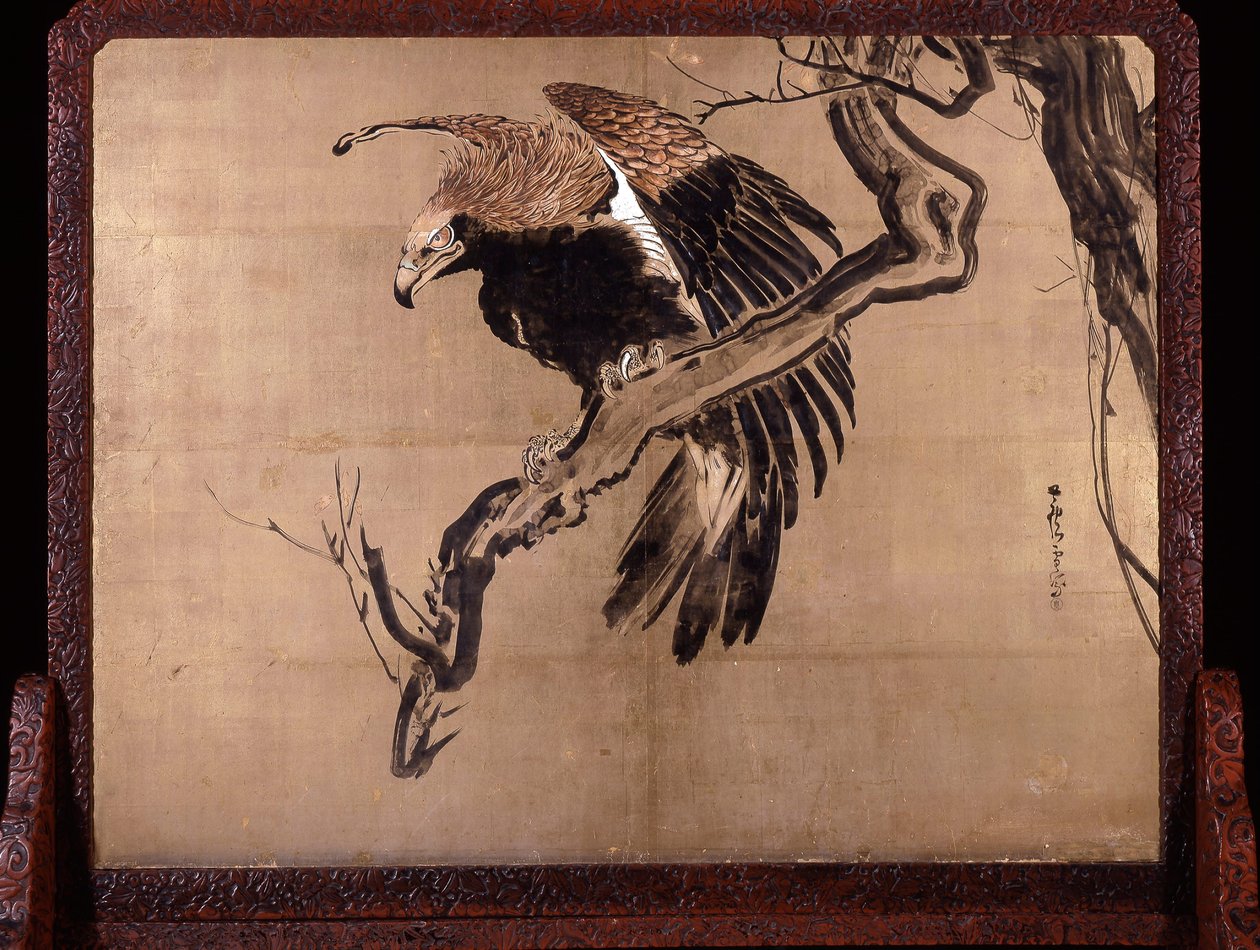« Carpe dans les vagues » (Zeshin) et « Aigle sur une branche » (Rosetsu, verso) - Shibata Zeshin