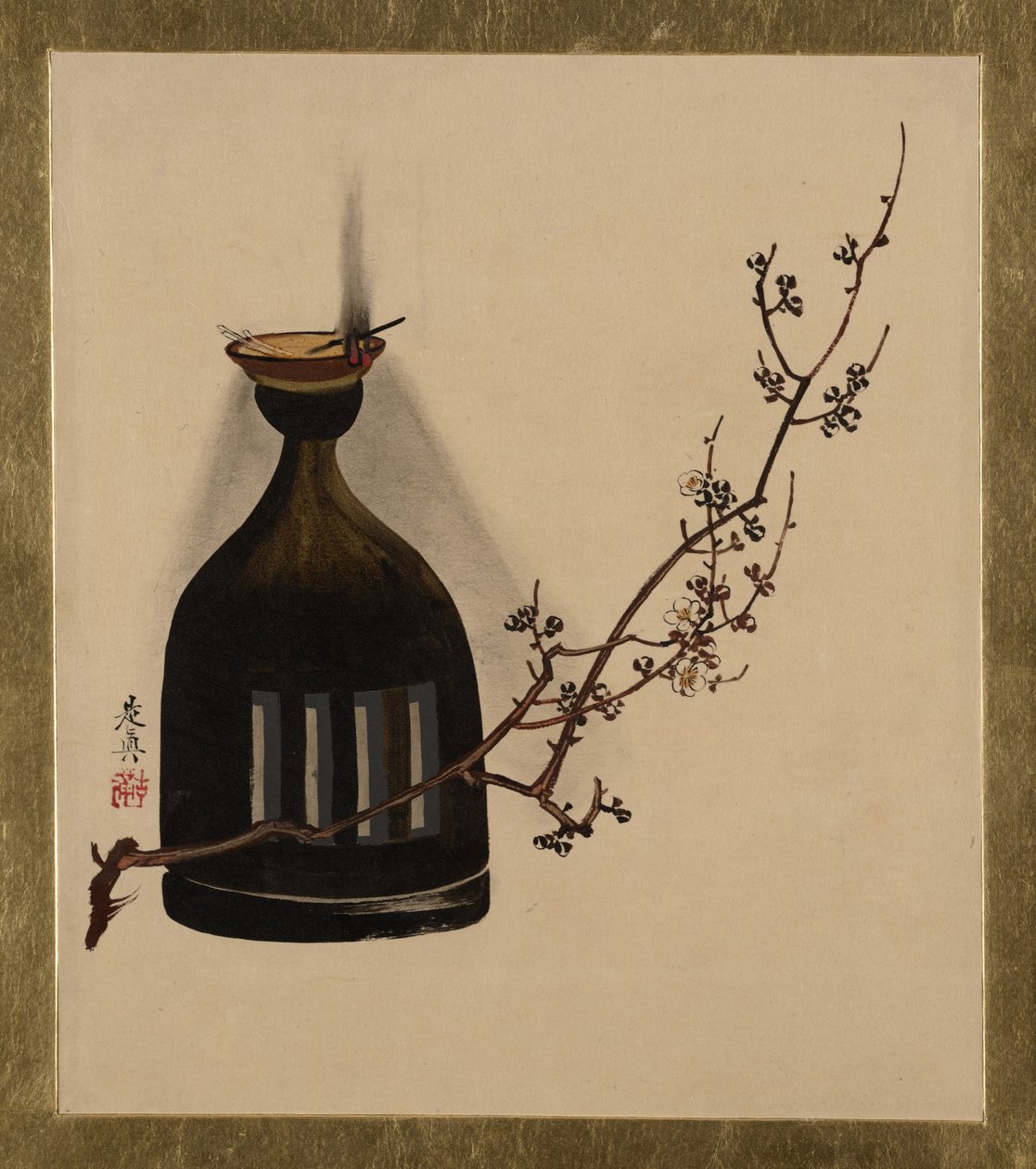 Peintures laquées de divers sujets : Branche de prunier avec lampe à huile - Shibata Zeshin