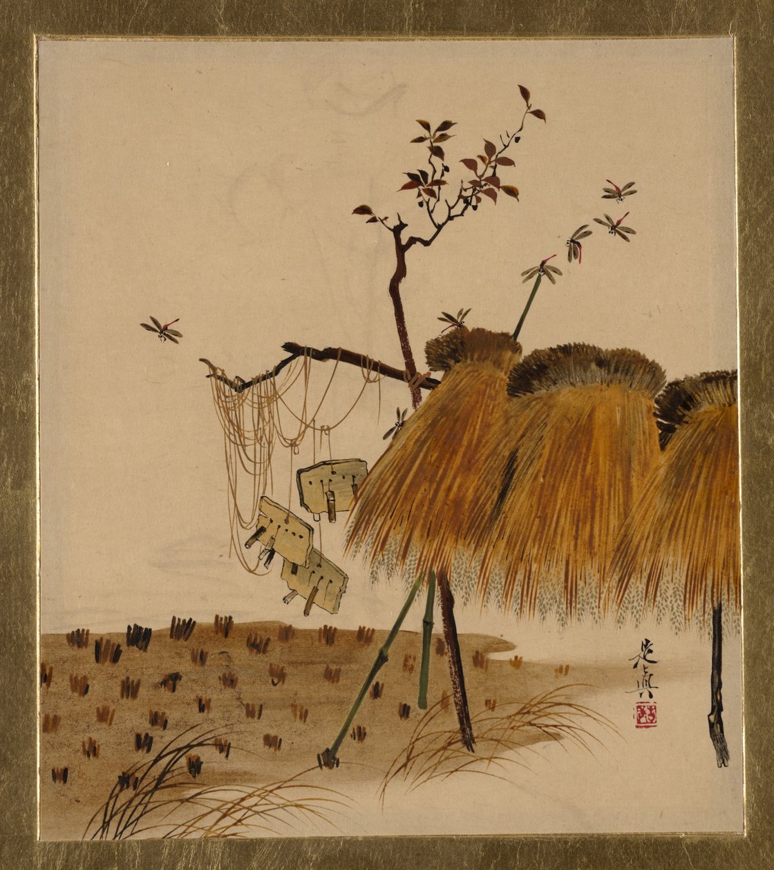 Peintures à la laque représentant divers sujets : une pile de riz et des libellules - Shibata Zeshin