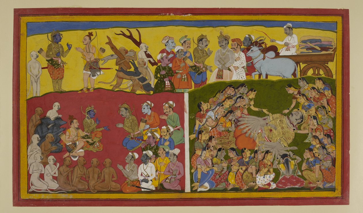 Vibhīṣaṇa pleure Rāvaṇa ; Rāma ordonne les rites funéraires et le couronnement de Vibhīṣaṇa. - S?hibdin S?hibdin