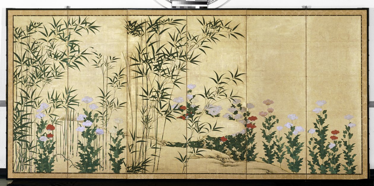 Bambou et coquelicots, début du 17e siècle (Paire de paravents à six panneaux ; encre, couleur et or
sur papier) - Shigenobu Kano