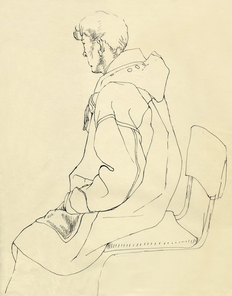 Homme assis en manteau duffel, vers 1952 - Shirley Markham