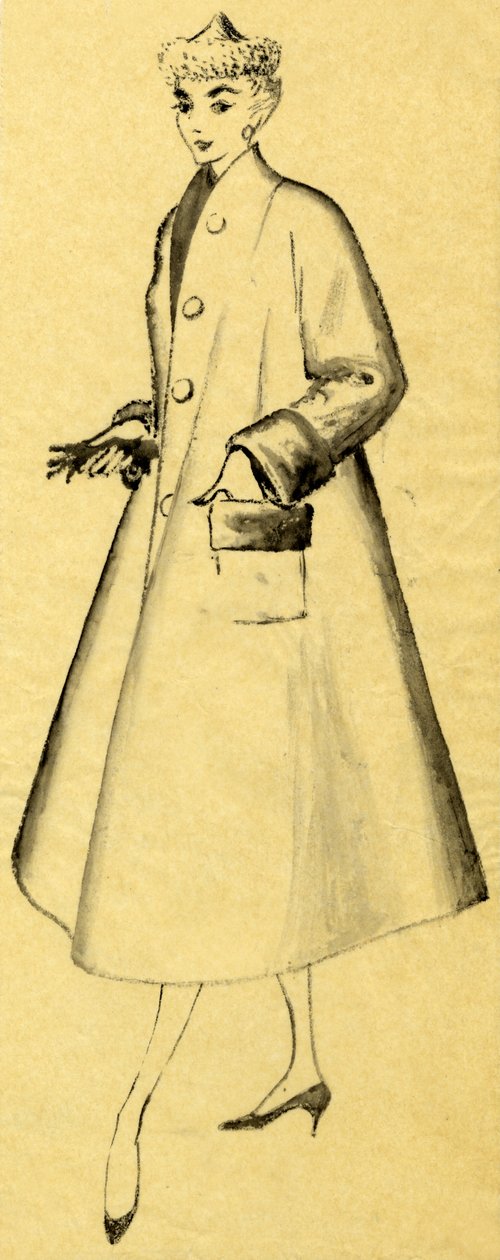 Femme en manteau de poussière et chapeau pointu, vers 1952 - Shirley Markham