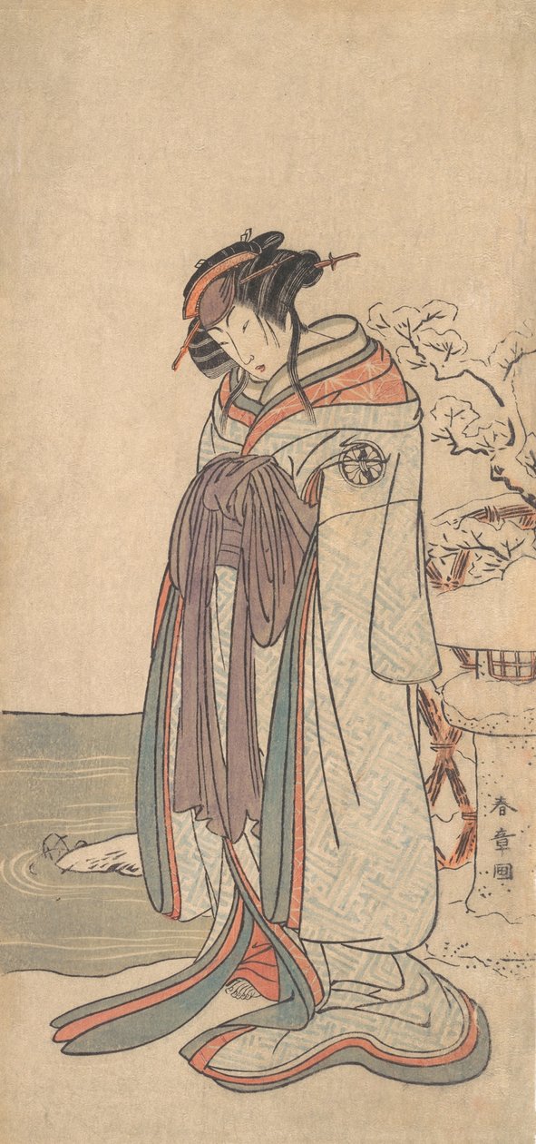 Le troisième Segawa Kikunojo en courtisane debout dans la neige - Shunsho