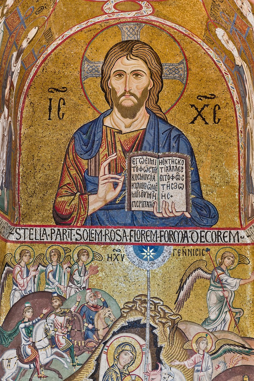 Chapelle Palatine (Basilique), abside sud ou "absidiola" de Saint Paul, mosaïques : "Christ Pantocrator" et "Nativité", XIIe siècle - Sicilian School