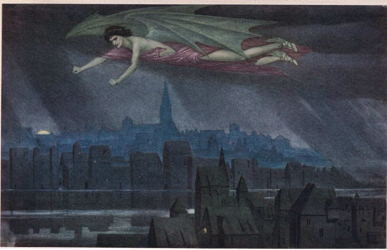 Lucifer volant au-dessus de la ville. 