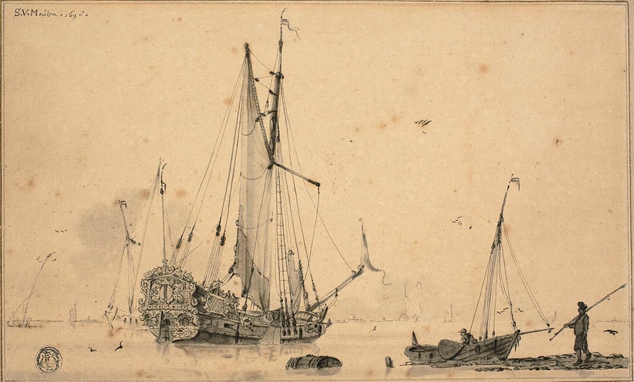 Scène de port avec bateaux et pêcheur - Sieuwert van der Meulen