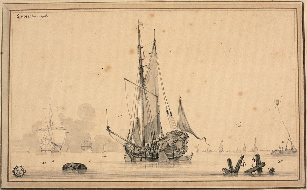 Scène de port avec des navires au repos et des pieux - Sieuwert van der Meulen