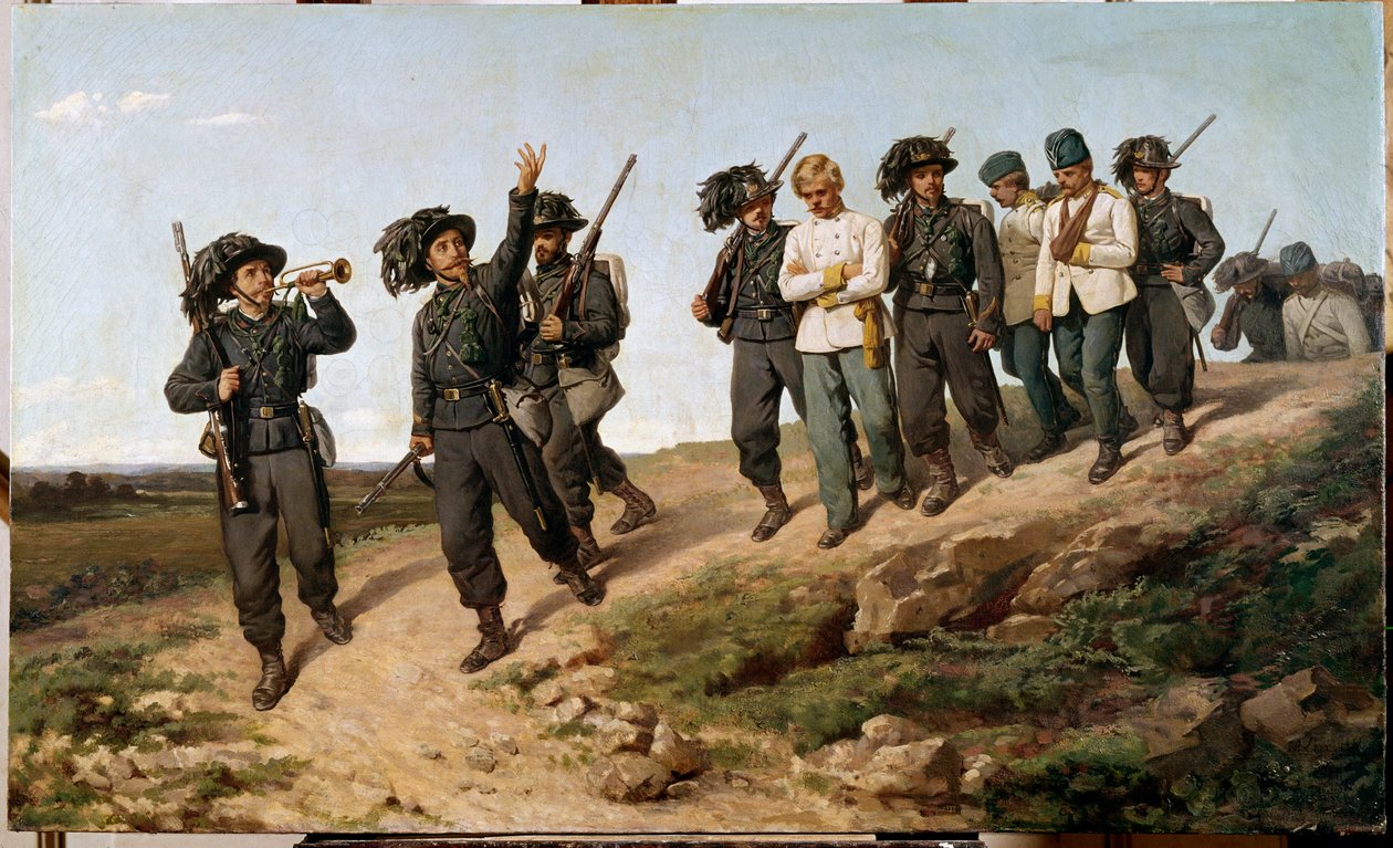Épisode de la campagne italienne de 1859 : prisonniers de guerre autrichiens entourés de bersagliers - Silvestro Lega