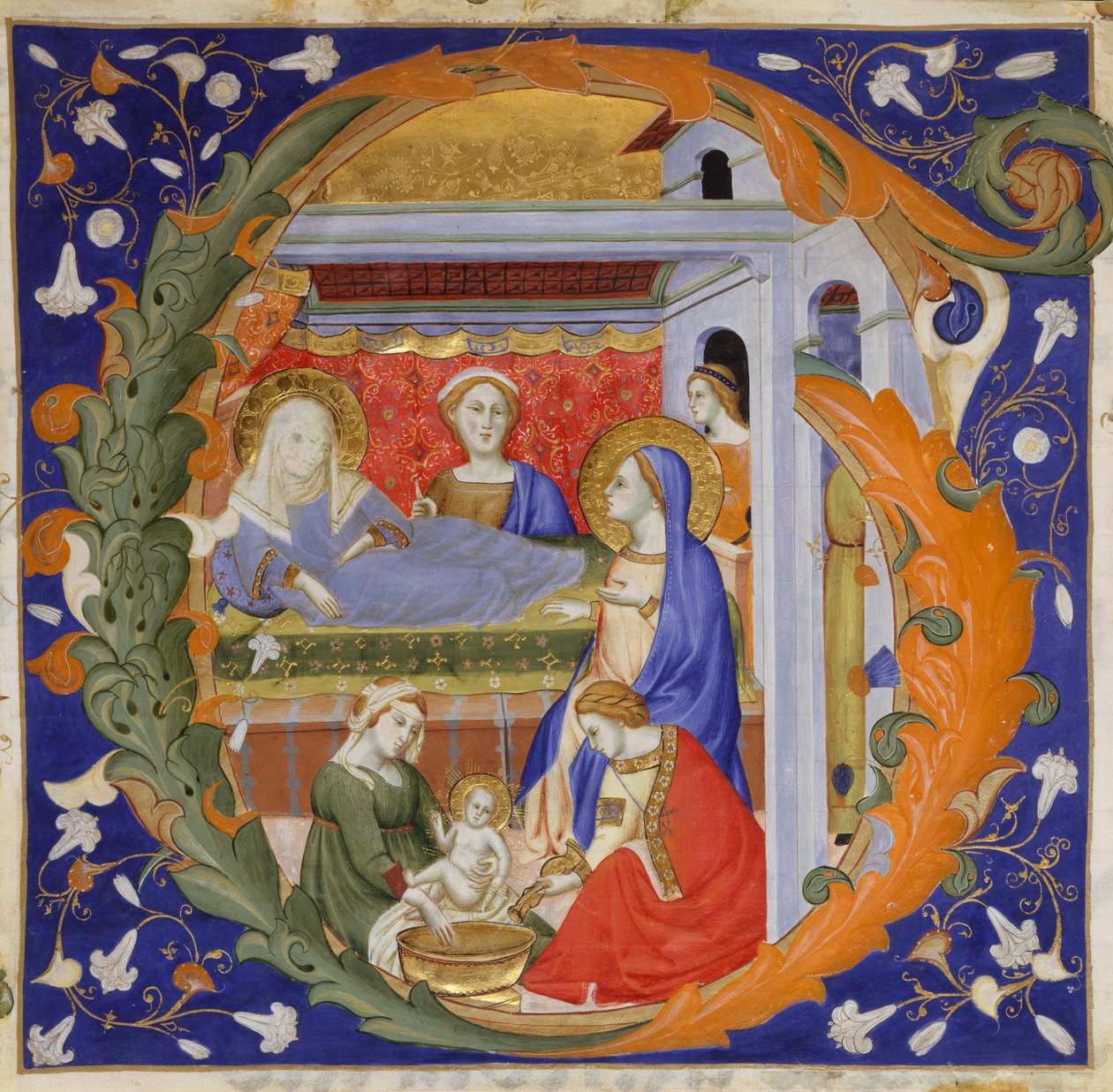 Enluminure de manuscrit avec la naissance de la Vierge dans une initiale G, d