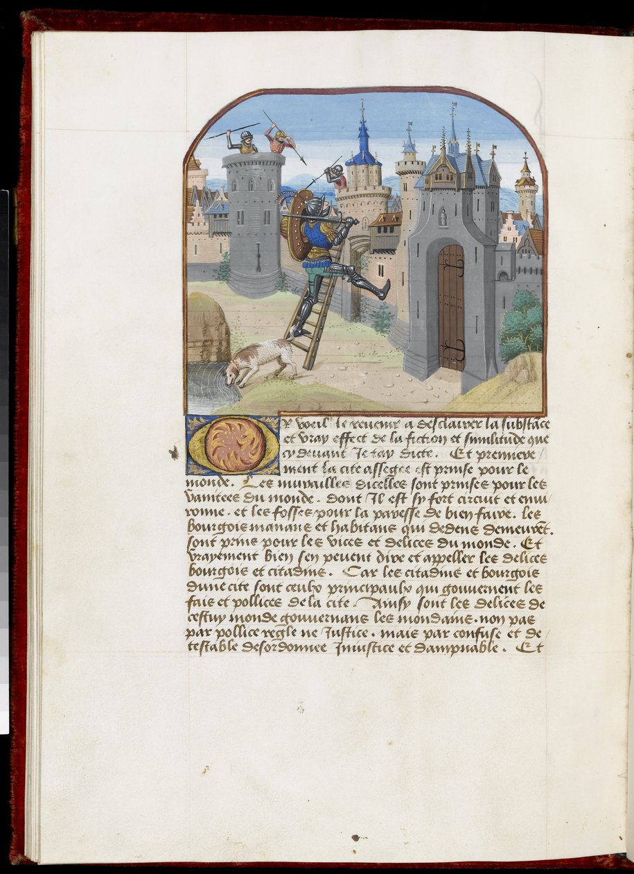 Ms.165 f.51v: Soldat avec bouclier et épée grimpant une échelle de siège, de Hesdin ou Valenciennes, vers 1465-68 - Simon Marmion
