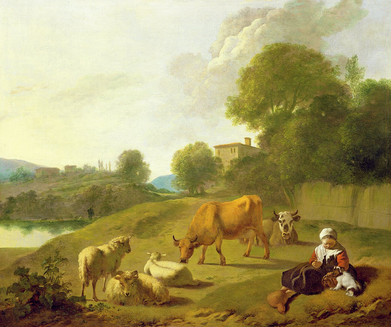 Paysage fluvial avec du bétail, des moutons et une jeune fille jouant avec un chien - Simon van der Does