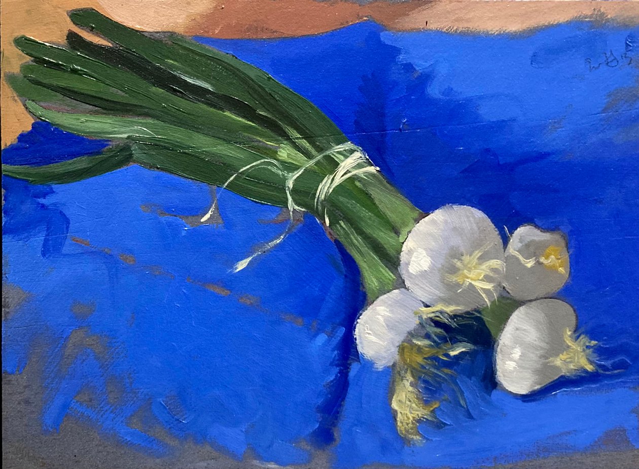 Echalotes (huile sur carton) - Simon Fletcher